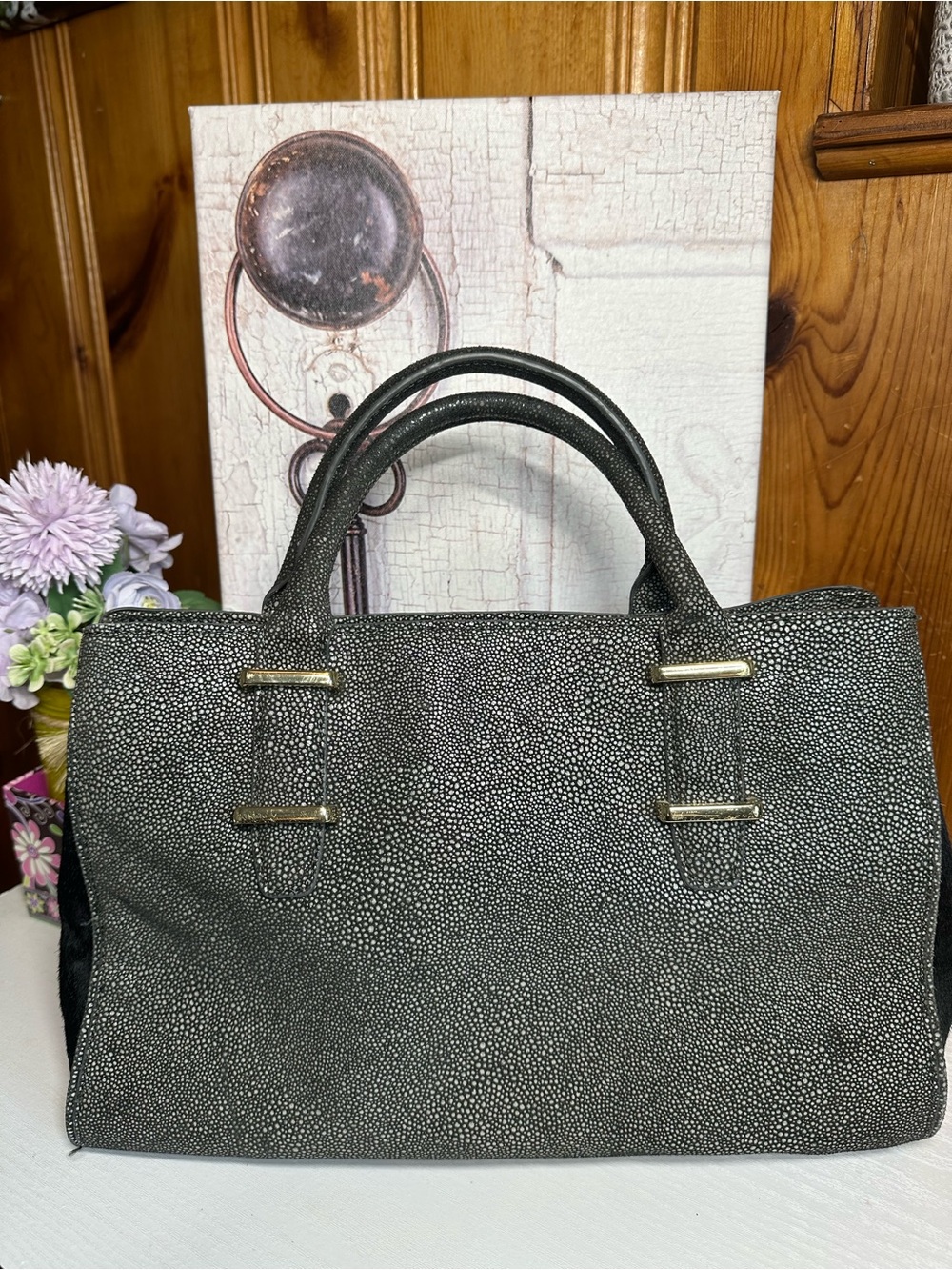 Ivanka Trump Metallic Gray Textured Tote with Tassel - Picture 2 of 16